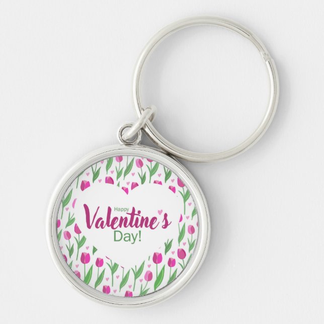 Happy Valentine's Day Pink Tulips Key Ring (Front)