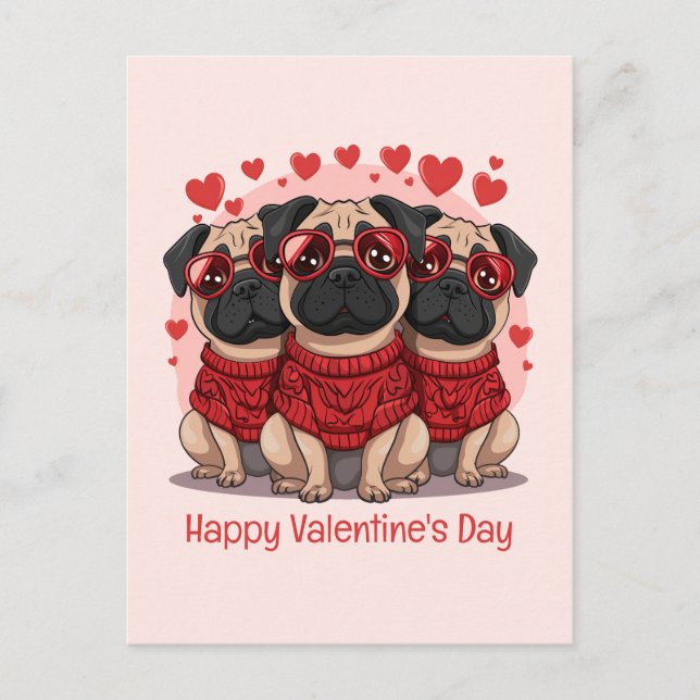 Happy Valentines Day Pug Dogs Postcard (Front)