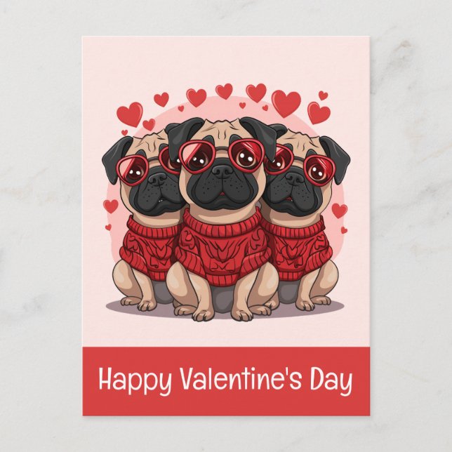 Happy Valentines Day Pug Dogs Postcard (Front)