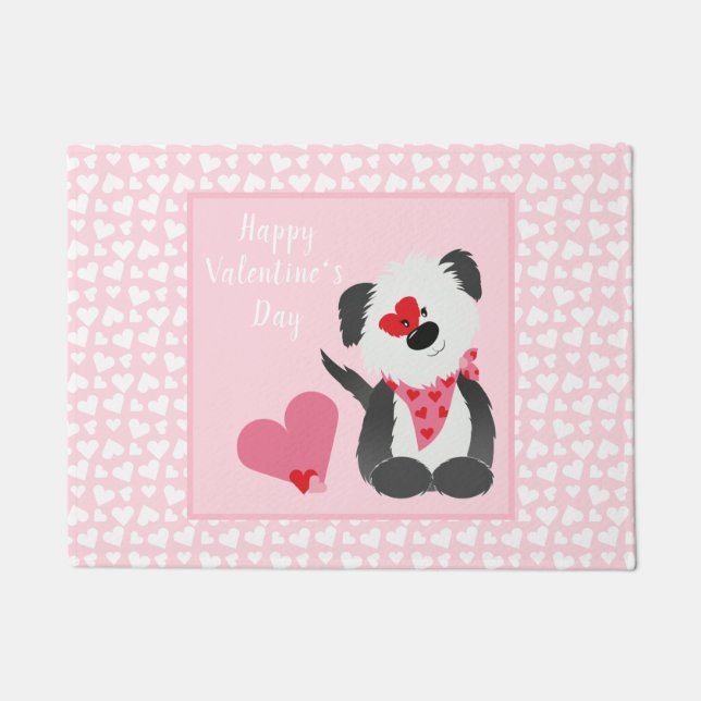 Happy Valentines Day Puppy Hearts Pink Doormat (Front)