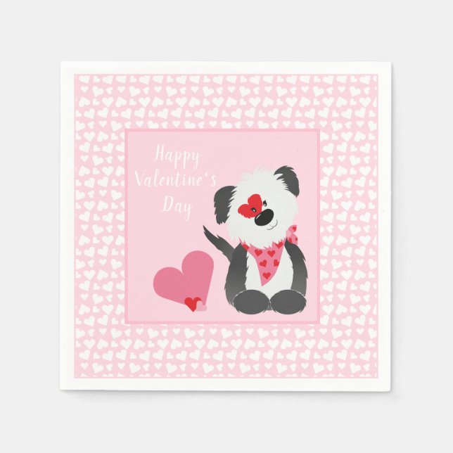 Happy Valentines Day Puppy Hearts Pink Napkin (Front)