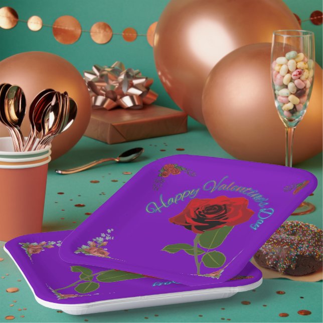 Happy valentine's day purple paper plate (Multi)