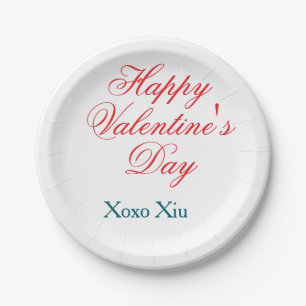 Happy Valentine's day red blue xoxo love name  Paper Plate
