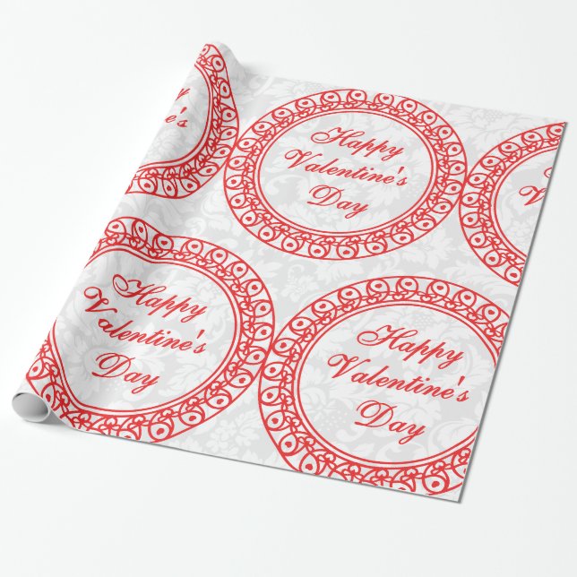 Happy Valentines Day Red Circles & Lace Wrapping Paper (Unrolled)