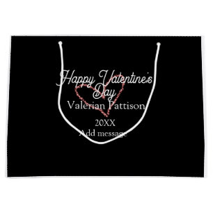Happy Valentine's day red glitter heart black name Large Gift Bag