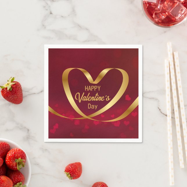 Happy Valentine's Day Red Gold Heart Ribbon Napkin (Insitu)