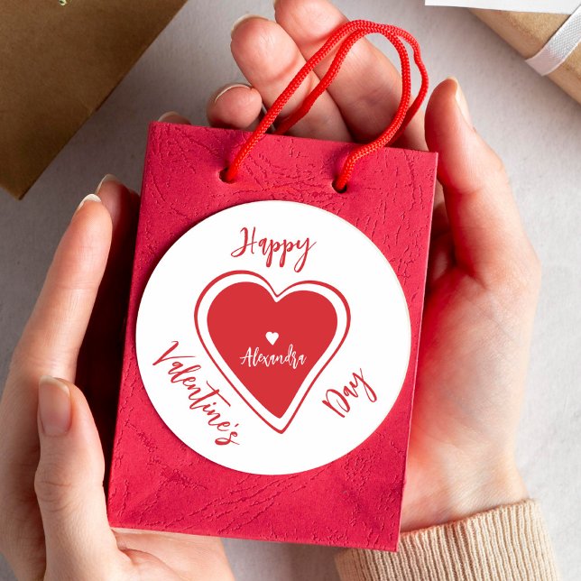 Happy Valentines Day red heart script name Classic Round Sticker (Creator Uploaded)