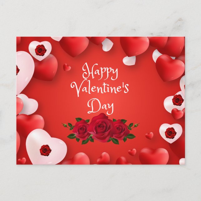Happy Valentine's Day Red Hearts and Roses  Postcard (Front)