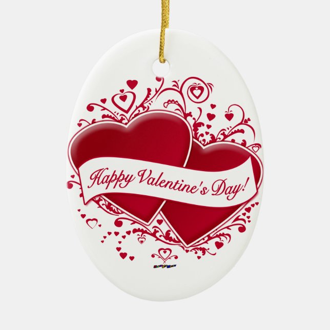 Happy Valentine's Day! Red Hearts Ceramic Tree Decoration (Front)