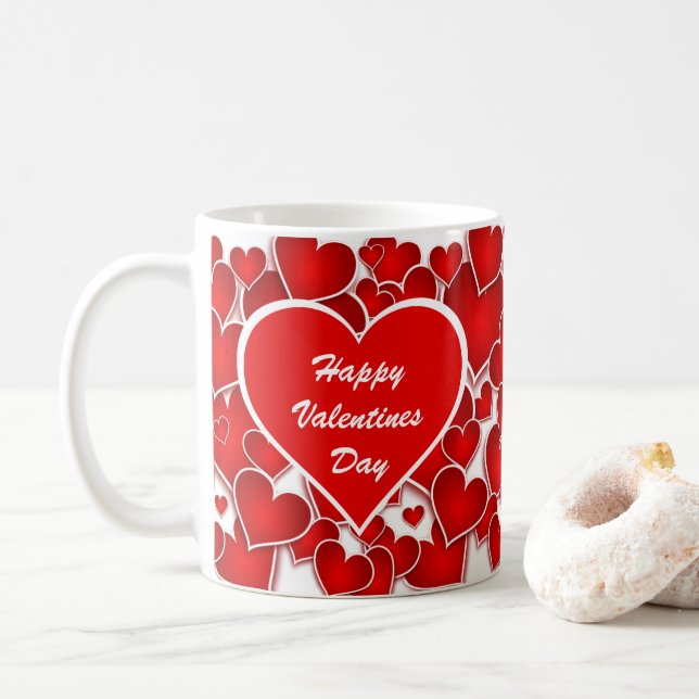 Happy Valentines Day Red Hearts Coffee Mug (With Donut)