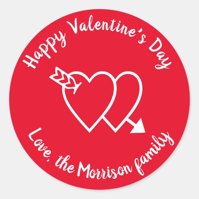 Happy Valentine's Day red hearts custom script  Classic Round Sticker (Front)