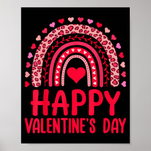 Happy Valentines Day Red Hearts Rainbow Leopard Wo Poster