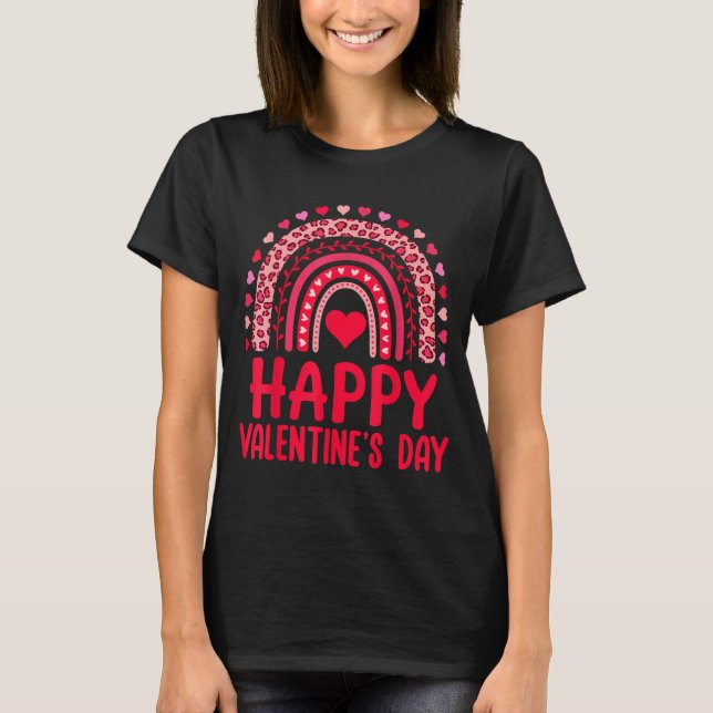 Happy Valentines Day Red Hearts Rainbow Leopard Wo T-Shirt (Front)