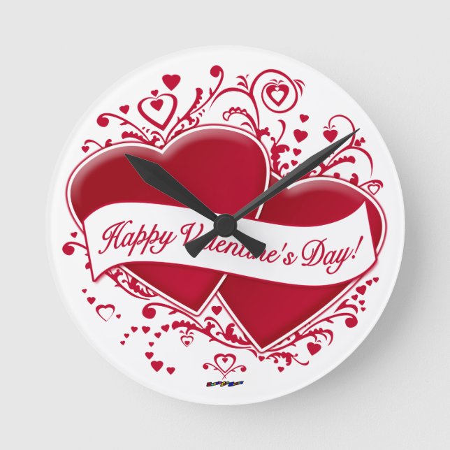 Happy Valentine's Day! Red Hearts Round Clock (Front)