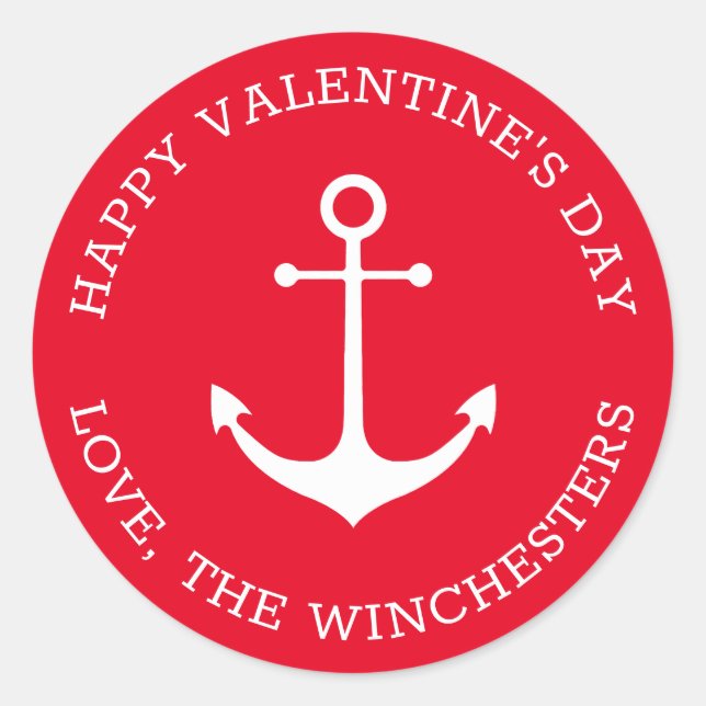 Happy Valentine's Day red nautical anchor custom Classic Round Sticker (Front)