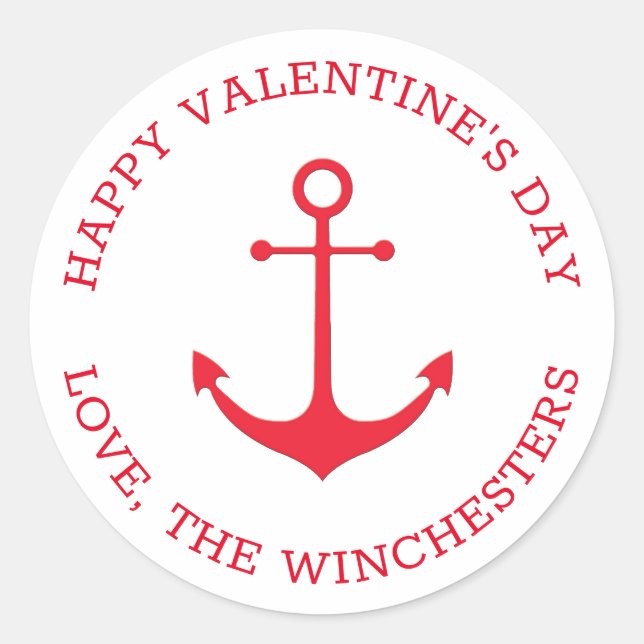 Happy Valentine's Day red nautical anchor custom Classic Round Sticker (Front)