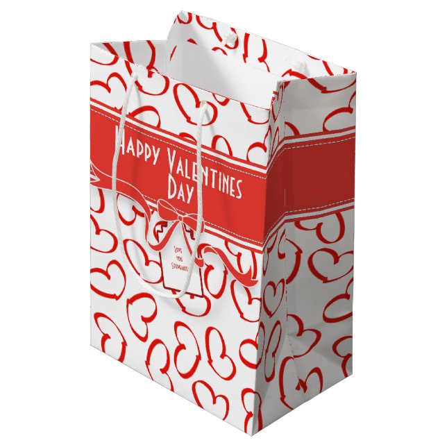 Happy Valentine's Day Red Open Hearts Pattern Medium Gift Bag (Front Angled)
