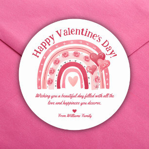 happy valentines day,red pink boho rainbow classic round sticker