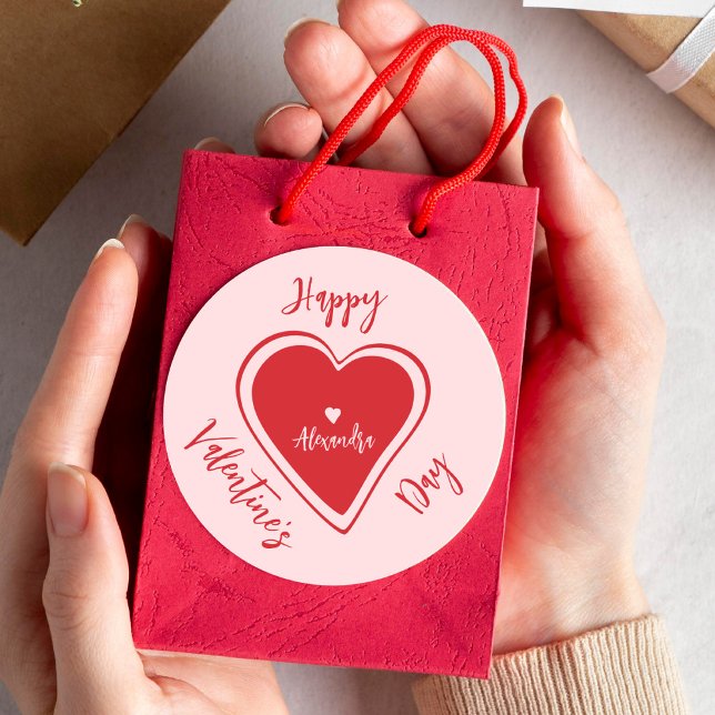 Happy Valentines Day red pink heart script name Classic Round Sticker (Creator Uploaded)