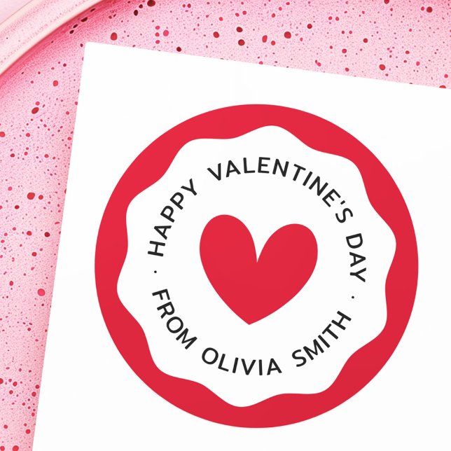 Happy Valentines day red wavy border red heart Classic Round Sticker (Happy Valentines day red wavy border red heart Classic Round Sticker)