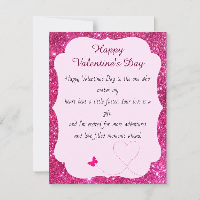 Happy Valentine's Day Rose Pink Blush Glitter Card (Front)