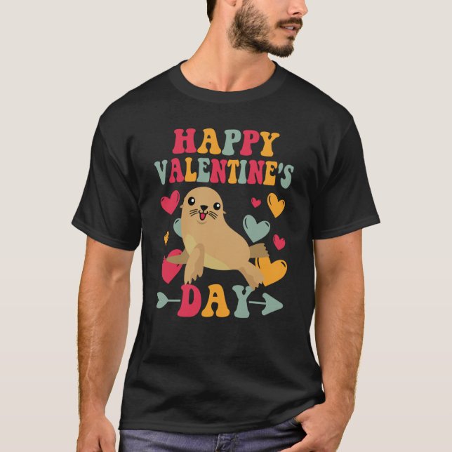 Happy Valentines Day Sea Lion Heart Love Groovy T-Shirt (Front)