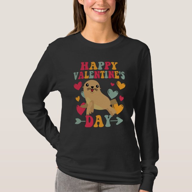 Happy Valentines Day Sea Lion Heart Love Groovy T-Shirt (Front)