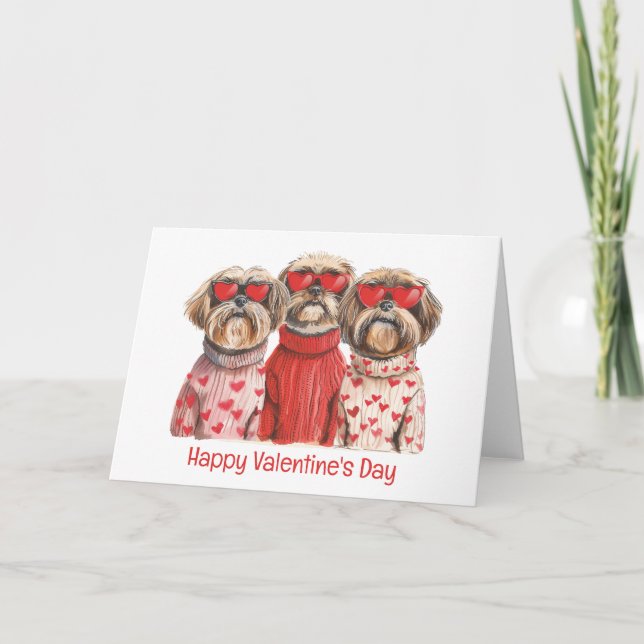 Happy Valentines Day Shih Tzu Dogs Holiday Card (Front)