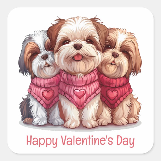Happy Valentines Day Shih Tzu Dogs Square Sticker (Front)