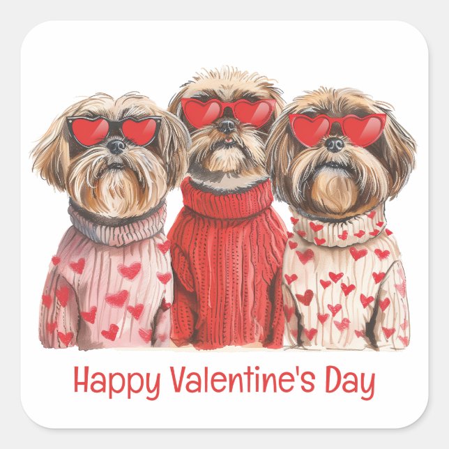 Happy Valentines Day Shih Tzu Dogs Square Sticker (Front)