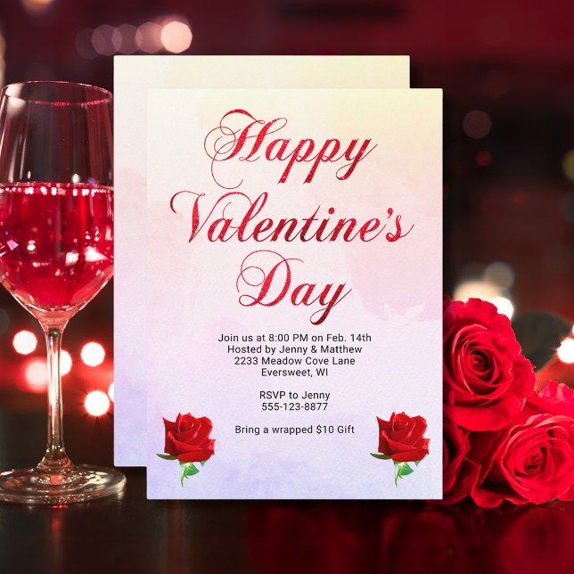 Happy Valentine's Day Soft Pastel Red Roses Party Invitation (Pink Valentine's Party Food Music Dancing Club Invitation)