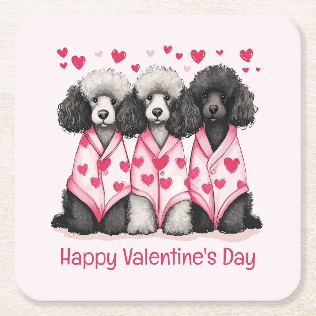 Happy Valentines Day Standard Poodle Dogs Square Paper Coaster (Front)