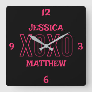 Happy Valentines Day Sweet Pink Couple Name Square Wall Clock