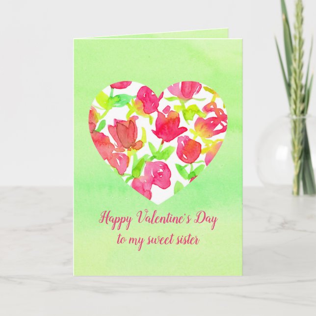 Happy Valentine's Day Sweet Sister Heart Rosebuds Holiday Card (Front)