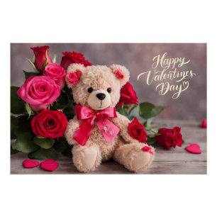 Happy Valentine's Day Teddy Bear with Roses  Poster