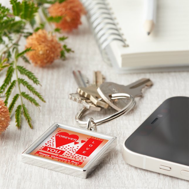Happy Valentine's Day Text Forever Love Hearts Red Key Ring (Side)