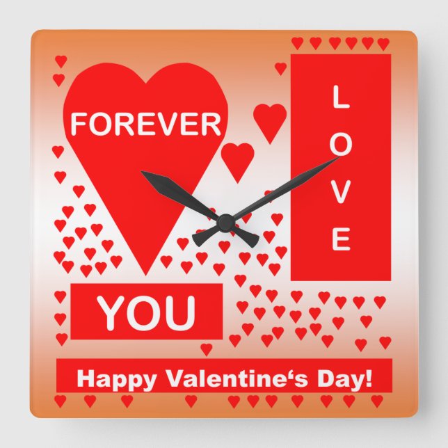Happy Valentine's Day Text Forever Love Hearts Red Square Wall Clock (Front)