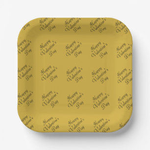 Happy Valentines Day Text Pattern Square M Gold Paper Plate