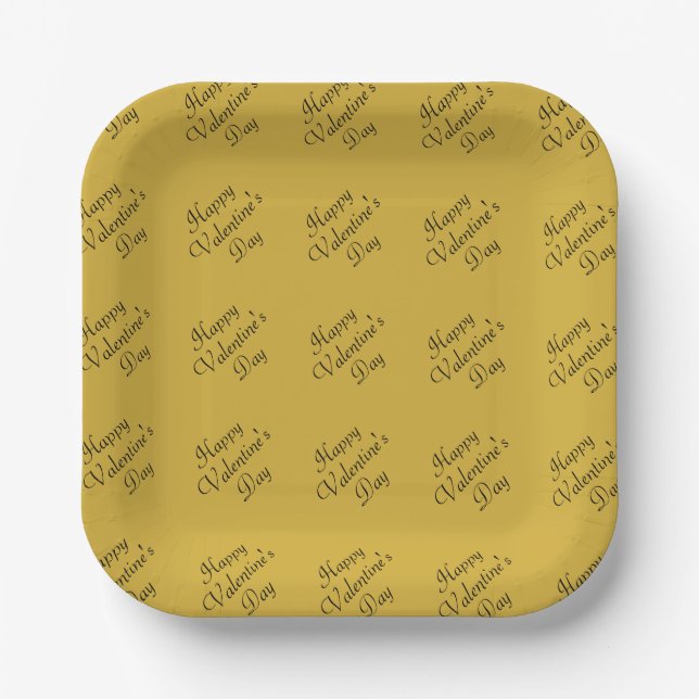 Happy Valentines Day Text Pattern Square M Gold Paper Plate (Front)