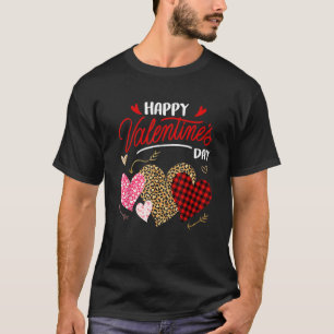 Happy Valentine's Day Three Leopard And Plaid Hear T-Shirt