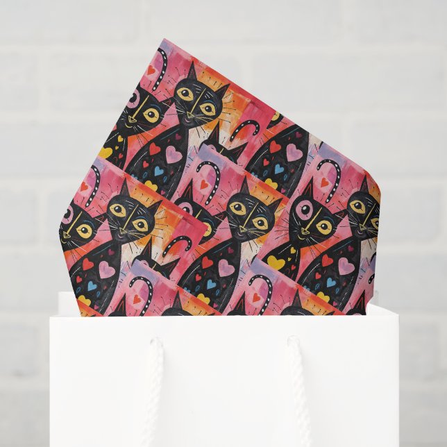 Happy Valentine's Day Tissue Paper Cat Red Hearts (Gift Bag)