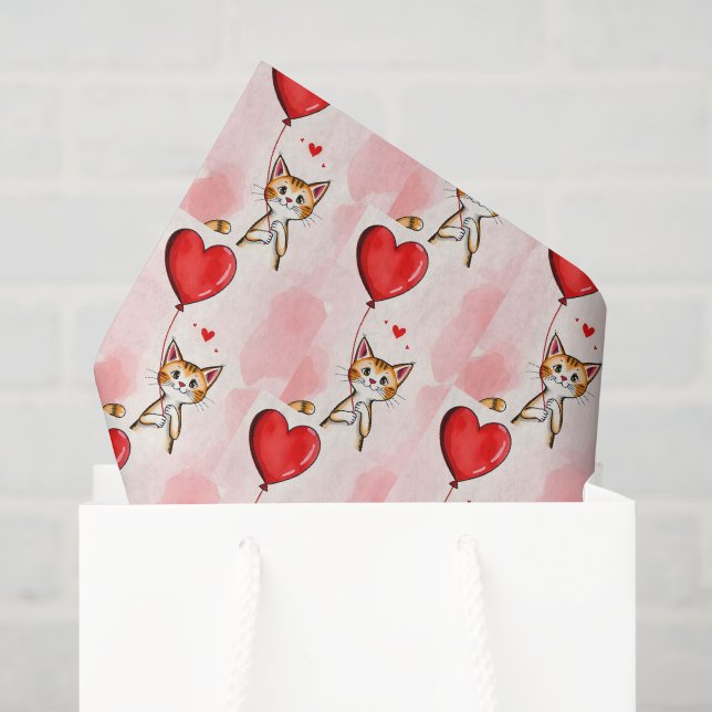 Happy Valentine's Day Tissue Paper Cat Red Hearts (Gift Bag)