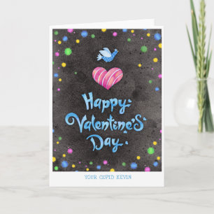 Happy Valentines Day Typography Cute Bird & Heart Holiday Card