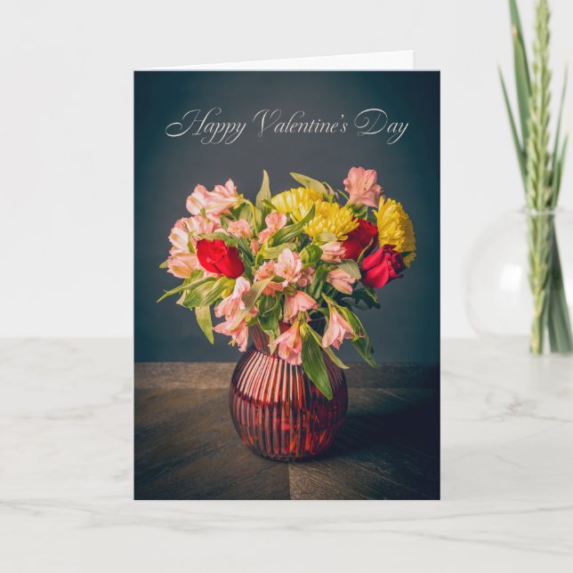 Happy Valentines Day Vase of Flowers General Holiday Card (Front)