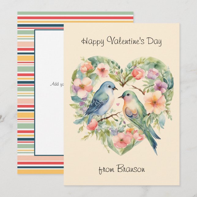 Happy Valentine's Day Watercolor Birds Photo Card (Front/Back)