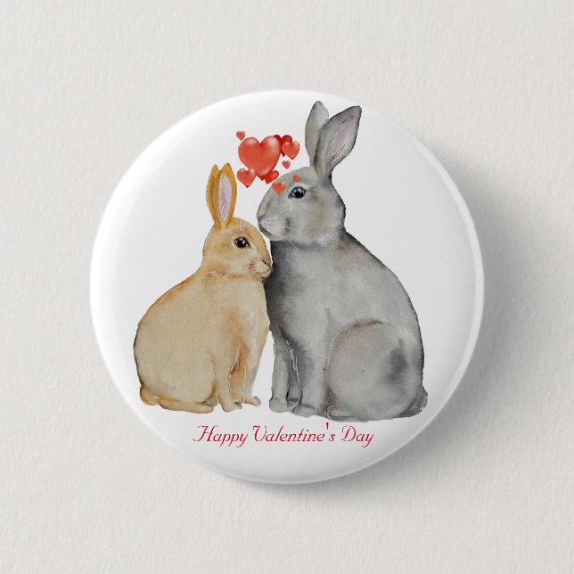 Happy Valentine's Day watercolor bunnies Button (Front)