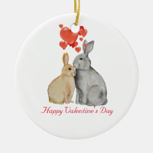 Happy Valentine's Day watercolor bunnies Ceramic Tree Decoration