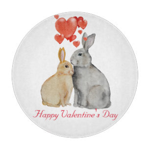 Happy Valentine's Day watercolor bunnies Round Pil Cutting Board