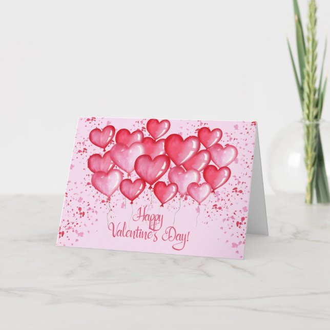 Happy Valentine's Day - Watercolor Heart Balloons Holiday Card (Front)
