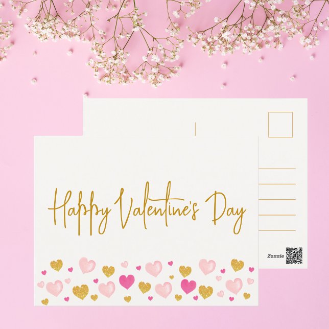 Happy Valentine's Day|Watercolor Hearts Postcard (Simple, chic, and cute Valentine's Day postcard for personal and business purposes. Get yours now!)